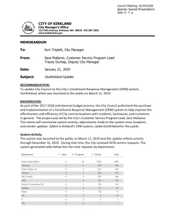 www.kirklandwa.gov  MEMORANDUM To:  Kurt Triplett, City Manager From:  Sara Mallamo, Customer