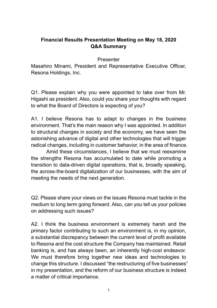 financial results presentation meeting on may 18 2020 q a