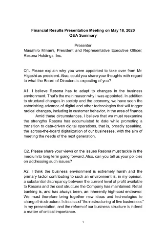 Financial Results Presentation Meeting on May 18, 2020  Q&amp;A Summary  Presenter  Masahiro