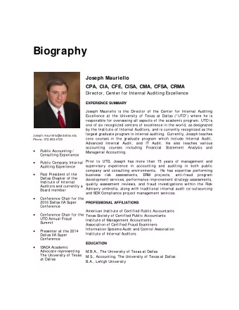 Biography  Joseph Mauriello  CPA, CIA, CFE, CISA, CMA, CFSA, CRMA  Director, Center for Internal