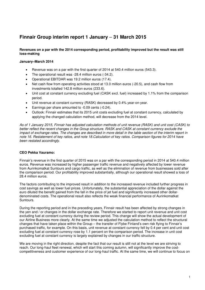 finnair group interim report 1 january 31 march 2015