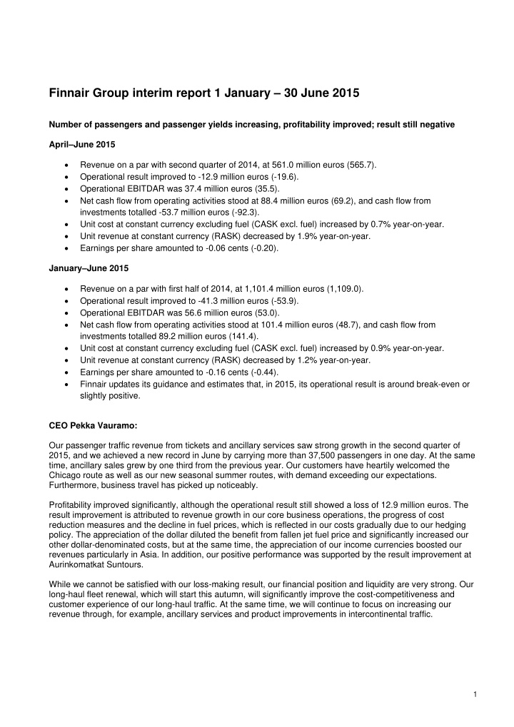 finnair group interim report 1 january 30 june 2015