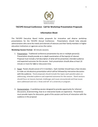 TACVPO Annual Conference:  Call for Workshop Presentation Proposals  Information Sheet  The TACVPO