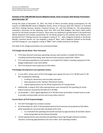 Summary of the $480,000,000 General Obligation Bonds, Series of January 2016 Ratings Presentation