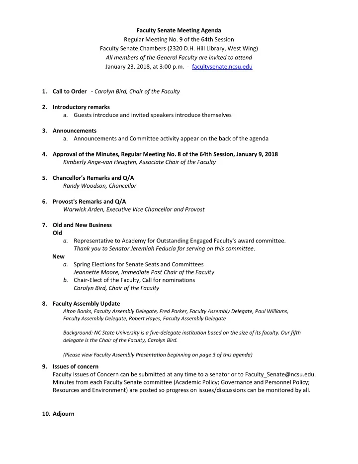 faculty senate meeting agenda regular meeting no 9 of the
