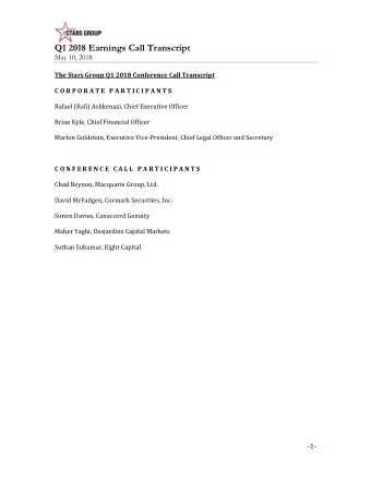 Q1 2018 Earnings Call Transcript  May 10, 2018  The Stars Group Q1 2018 Conference Call Transcript