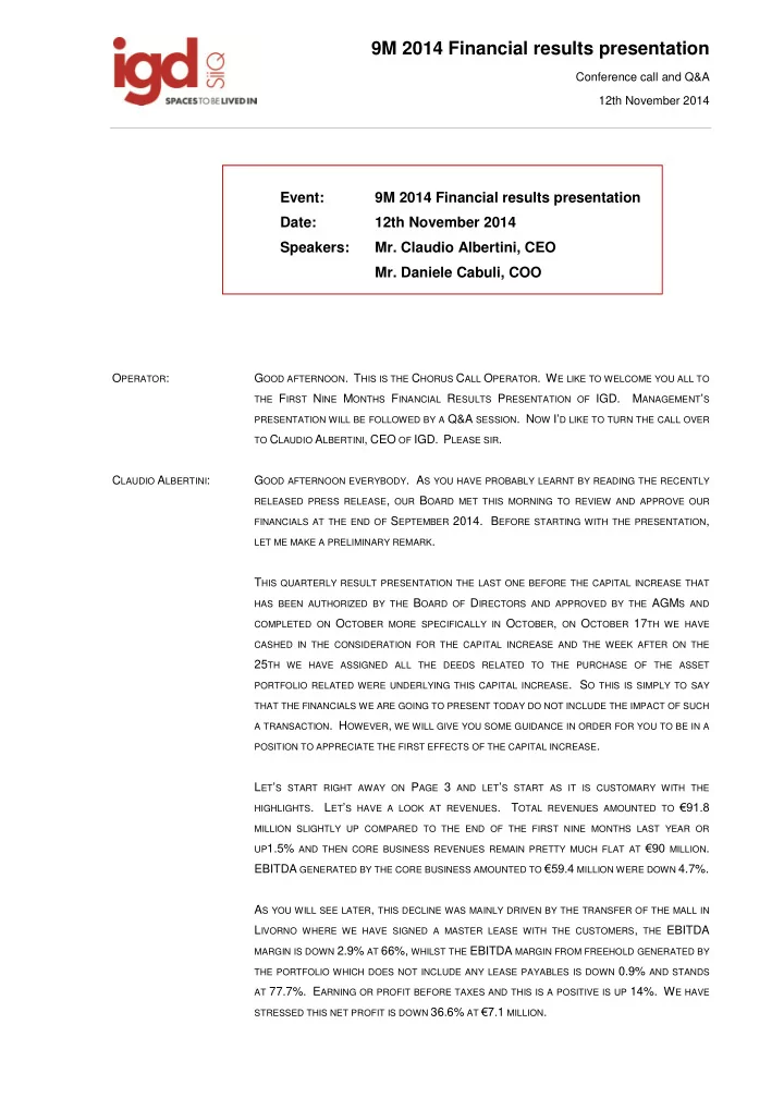 9m 2014 financial results presentation