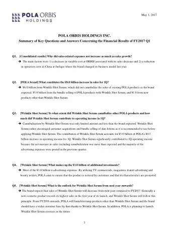 POLA ORBIS HOLDINGS INC.  Summary of Key Questions and Answers Concerning the Financial Results of