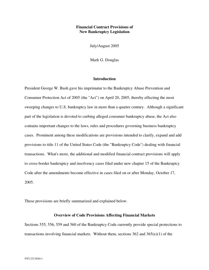 financial contract provisions of new bankruptcy