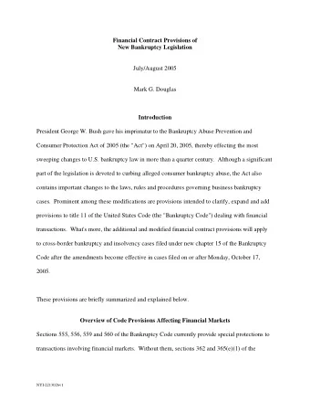 Financial Contract Provisions of  New Bankruptcy Legislation  July/August 2005  Mark G. Douglas