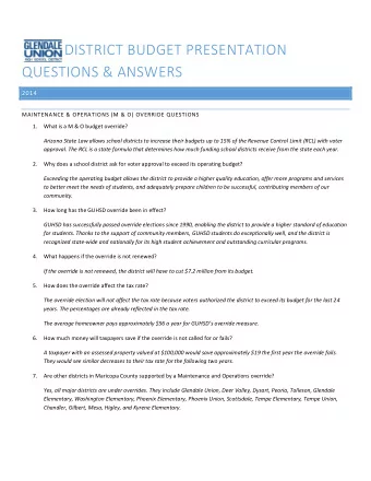 DISTRICT BUDGET PRESENTATION  QUESTIONS &amp; ANSWERS  2014  MAINTENANCE &amp; OPERATIONS (M &amp;