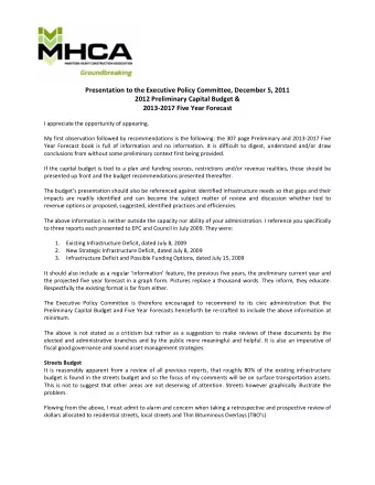 Presentation to the Executive Policy Committee, December 5, 2011 2012 Preliminary Capital Budget