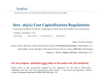 Sect. 263(a) Cost Capitalization Regulations  Preparing Compliant Financials: Challenges for