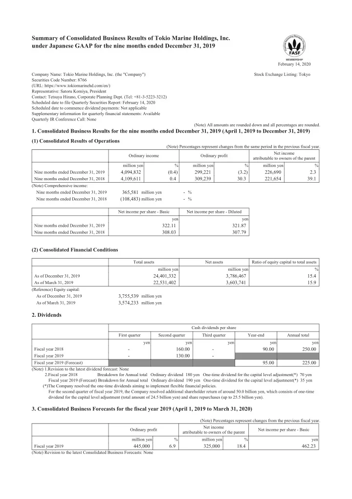 summary of consolidated business results of tokio marine
