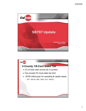 SB797 Update  JPB WPLP Committee  February 2020  3-County 1/8-Cent Sales Tax  2/3 of total votes