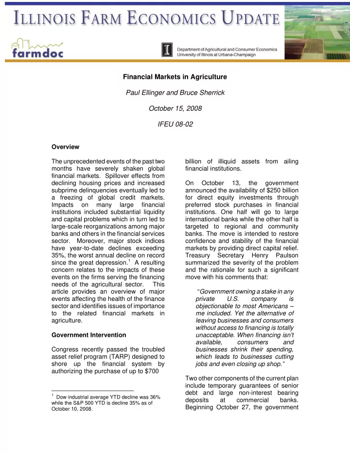 financial markets in agriculture paul ellinger and bruce