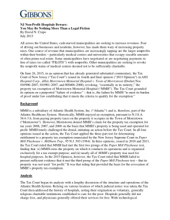 NJ Non-Profit Hospitals Beware:  You May Be Nothing More Than a Legal Fiction  By David N. Crapo