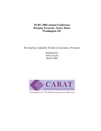 NCRC 2004 Annual Conference  Bringing Economic Justice Home  Washington, DC  Developing A Quality