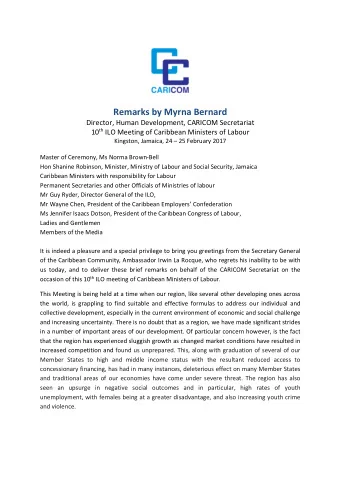 Remarks by Myrna Bernard Director, Human Development, CARICOM Secretariat 10 th ILO Meeting of