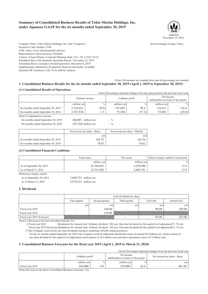 summary of consolidated business results of tokio marine