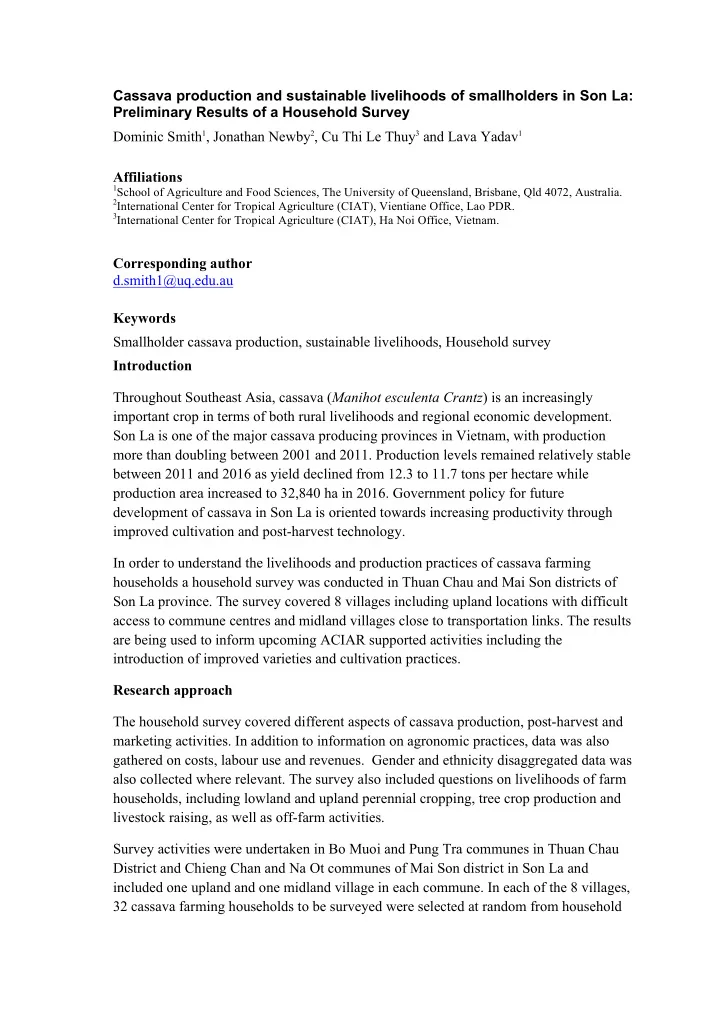 cassava production and sustainable livelihoods of
