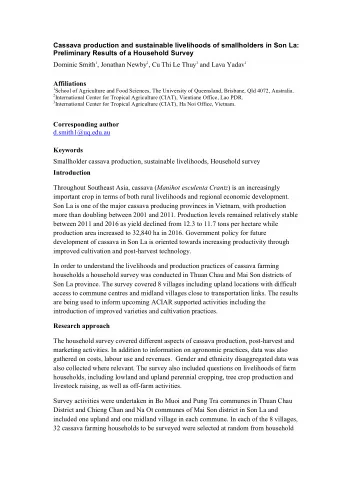 Cassava production and sustainable livelihoods of smallholders in Son La:  Preliminary Results of a