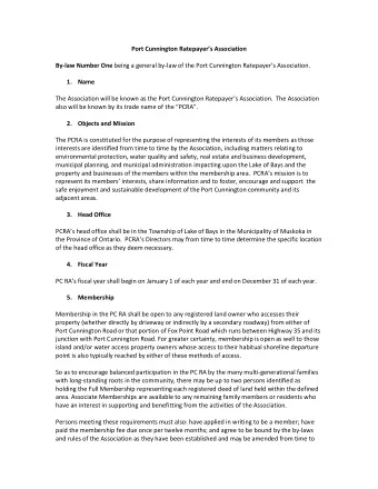Port Cunnington Ratep ayers Association By-law Number One being a general by-law of the Port