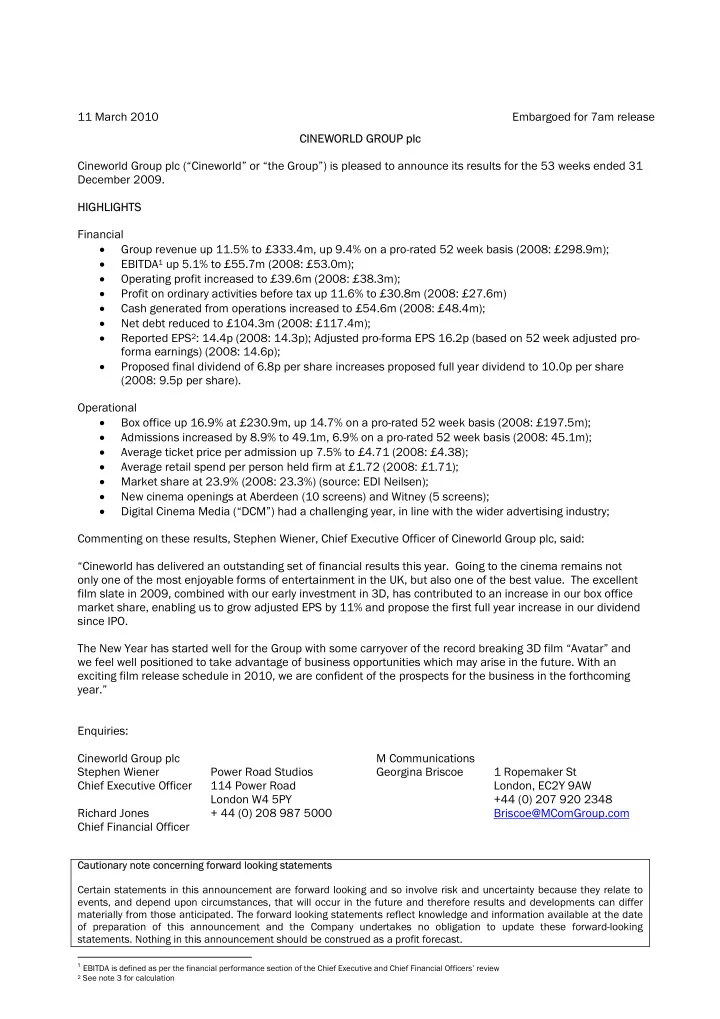 11 march 2010 embargoed for 7am release cineworl rld gro