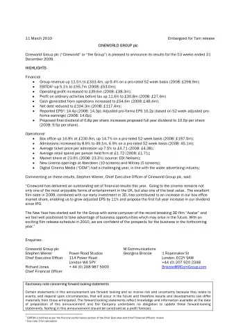 11 March 2010  Embargoed for 7am release  CINEWORL  RLD GRO  D GROUP p  P plc  Cineworld Group plc