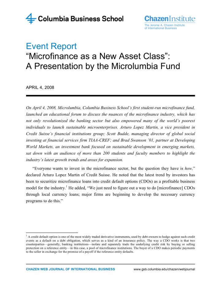 event report microfinance as a new asset class a