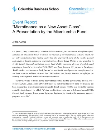 Event Report  Microfinance as a New Asset Class:  A Presentation by the Microlumbia Fund