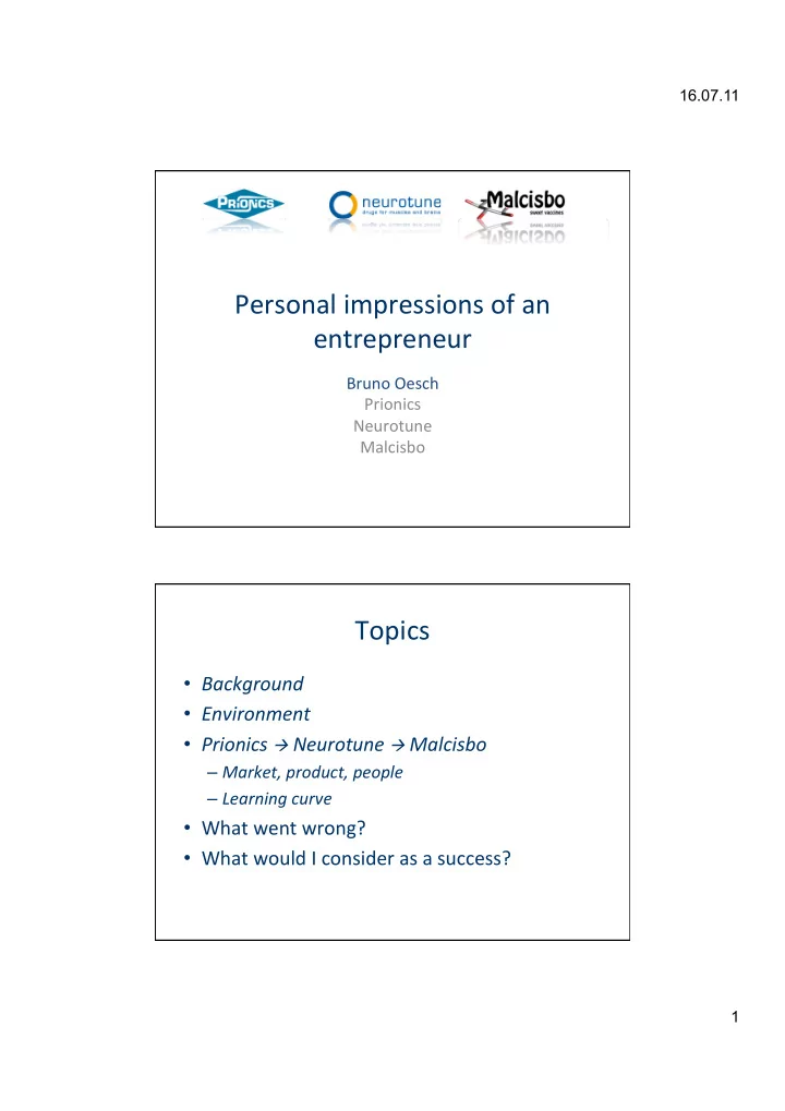 personal impressions of an entrepreneur