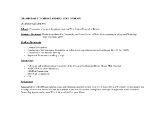 CHAMBER OF COMMERCE AND INDUSTRY OF BENIN  CCIB/SG/DAE/SCI/YR/pn Subject: Programme of work of the