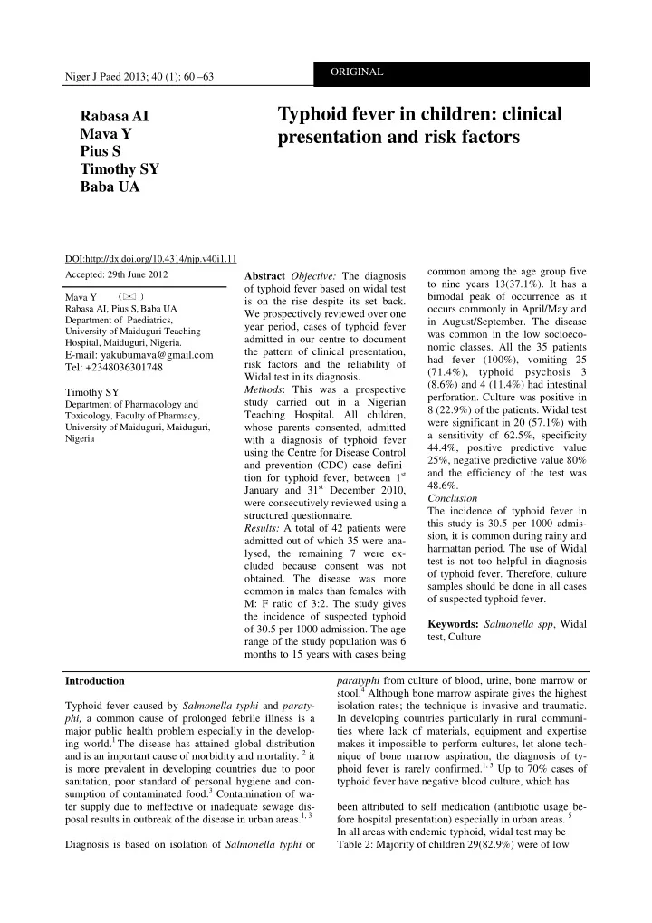 typhoid fever in children clinical