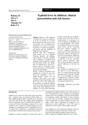 Typhoid fever in children: clinical  Mava Y presentation and risk factors  Pius S  Timothy SY  Baba