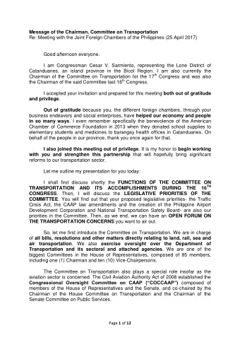 Message of the Chairman, Committee on Transportation  Re: Meeting with the Joint Foreign Chambers