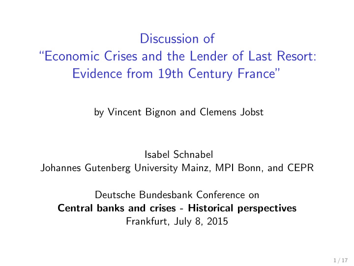 discussion of economic crises and the lender of last