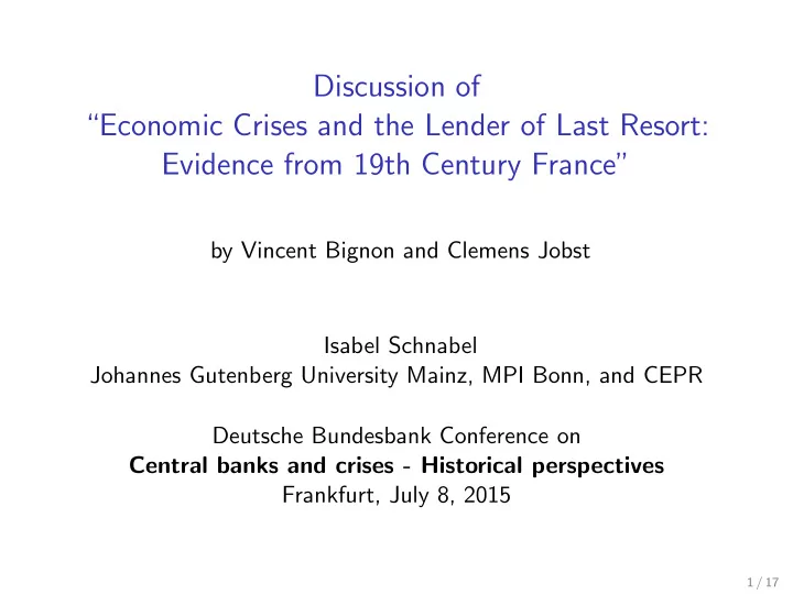 discussion of economic crises and the lender of last