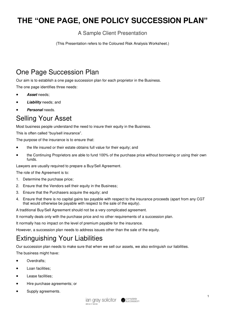 the one page on e policy succession plan