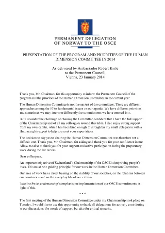 PRESENTATION OF THE PROGRAM AND PRIORITIES OF THE HUMAN  DIMENSION COMMITTEE IN 2014  As delivered