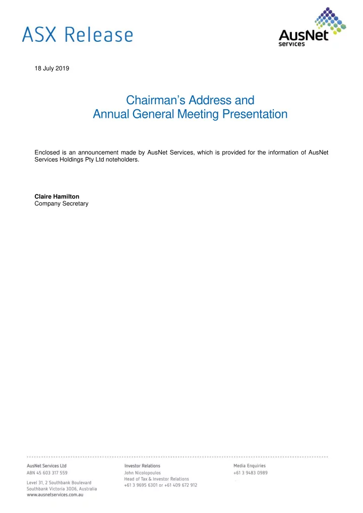 chairman s address and annual general meeting presentation