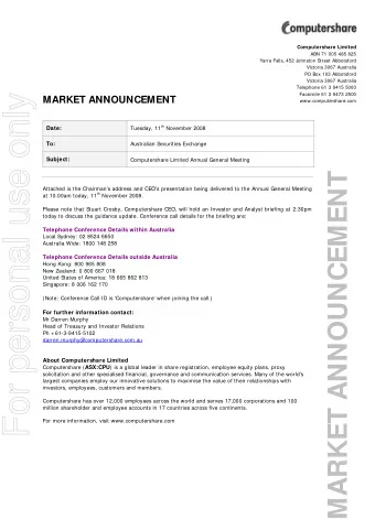 For personal use only  Facsimile 61 3 9473 2500  MARKET ANNOUNCEMENT  www.computershare.com