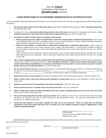 Cause No. (CASE #)  In the Matter of the Estate of: (DECEDENT NAME) , Deceased  COURT INSTRUCTIONS