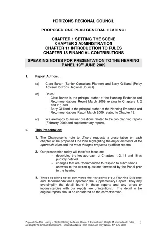 HORIZONS REGIONAL COUNCIL  PROPOSED ONE PLAN GENERAL HEARING:  CHAPTER 1 SETTING THE SCENE  CHAPTER