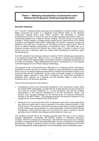 Theme 1 - Reflecting characteristics of transmission users  National Grid Proposal for Working