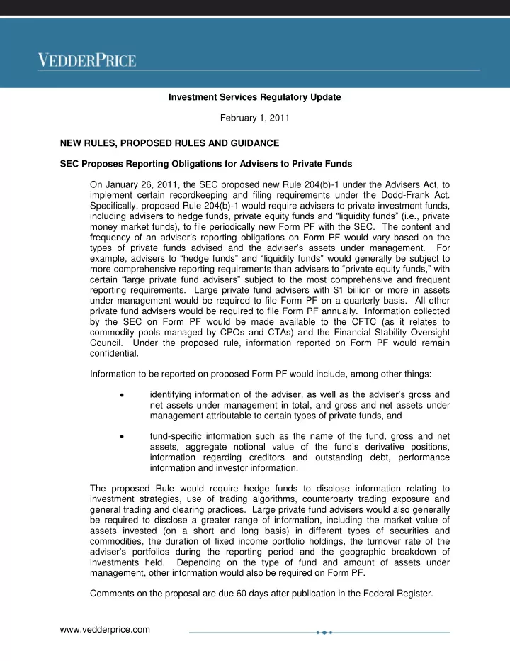 investment services regulatory update february 1 2011 new