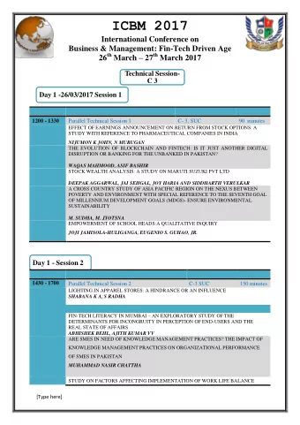 ICBM 2017  International Conference on  Business &amp; Management: Fin-Tech Driven Age 26 th March