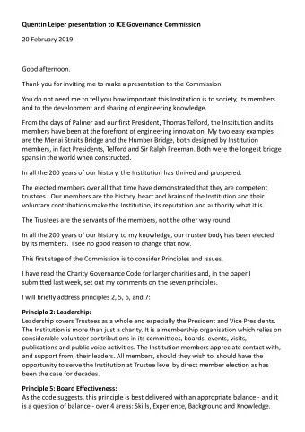 Quentin Leiper presentation to ICE Governance Commission  20 February 2019  Good afternoon.  Thank