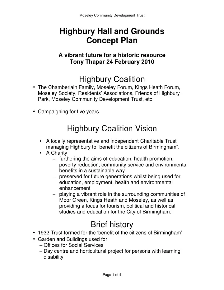 highbury hall and grounds concept plan