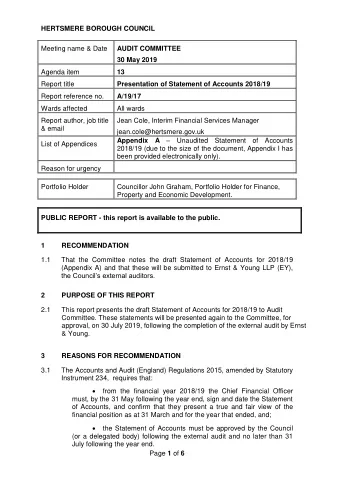 HERTSMERE BOROUGH COUNCIL  Meeting name &amp; Date  AUDIT COMMITTEE  30 May 2019  Agenda item  13